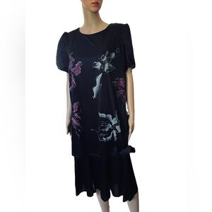 Jenny Vintage 80s Black Glitter Glam Whimsygoth Artsy Floral Drop Waist Dress